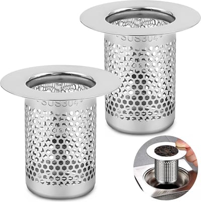 Afvoerzeef, douche, zilver, wastafel, 5 x 5 cm, roestvrij staal, haarzeef, douche, roestvrije zeef, wastafel, haarzeef, inzetbaar, haarzeef, badkuip voor keuken, badkamer, balkonafvoer