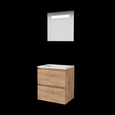 Basic-Line Economic 46 Badkamermeubelset - 60 x 46 cm - Greeploos - 2 Lades - Acryl Wastafel - 1 Kraangat - Spiegel met LED Verlichting - Whisky Oak