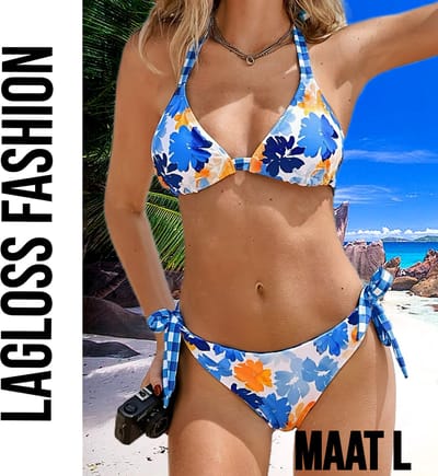 LaGloss® Dames Blauwe Tropische Print Bikini Set Met Haltertop en Omkeerbaar Broekje – Zomer mode – Beach fashion – Maat L