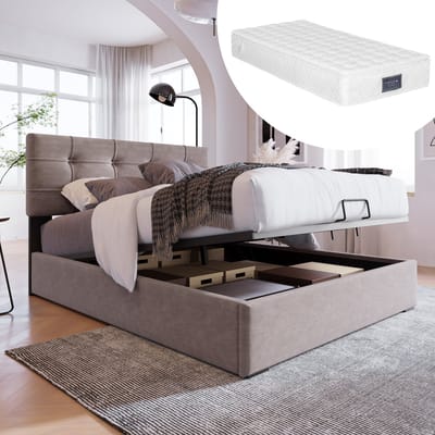 OKWISH Eenpersoonsbedden 90x200 cm - Bed Met Lades En Lattenbodem - Gestoffeerd Bed Met Opbergruimte - Massief Hout - Grijs (inclusief Matras)