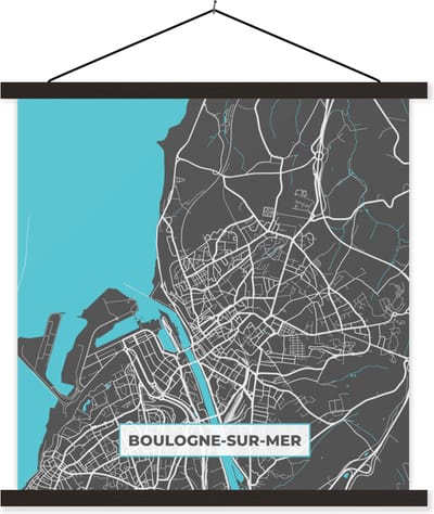 Posterhanger incl. Poster 60x60 cm - Schoolplaat - Boulogne-sur-Mer - Frankrijk - Plattegrond - Stadskaart - Kaart - Textielposter - Zwarte latten - Stadskaart