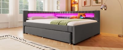 Slaapbank 140x200 - Met Uittrekbaar Bed En Led Verlichting - Grijs - USB & Type-C Poorten