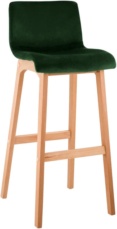 CLP Barkruk Hover - met rugleuning - hout - vierpoot frame uit natura hout - velvet - fluweel - groen/natura