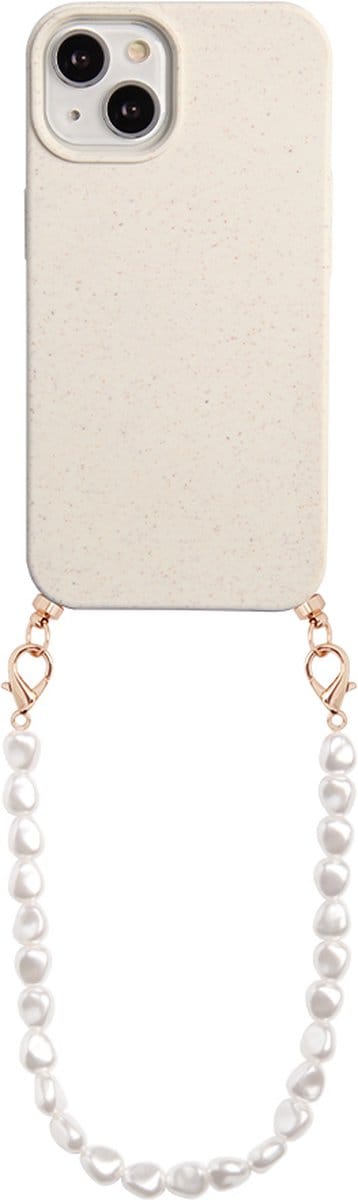 Casies biodegradable hoesje geschikt voor Apple iPhone 13 met koord - Parel ketting - short size - Parels - Cord Case Pearl