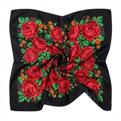 Zwarte bloemen bandana voor dames – vierkante bandana met rood bloemmotief – zachte lichtgewicht hoofddoek voor dagelijks gebruik