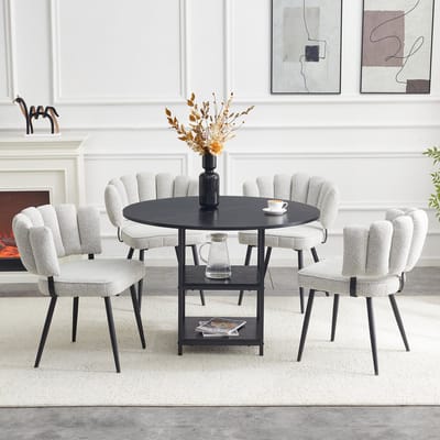 MODENUIT Ronde Eettafelset 107 cm - 4 Stoelen Met Bloemvormige Rugleuning - Voor Kleine Eetruimtes - MDF En Metaal - Zwart En Lichtgrijs