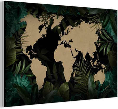 Aluminium schilderij 150x100 cm - Wanddecoratie metaal - Wereldkaart - Zwart - Planten - Metalen muurdecoratie woonkamer - Decoratie industrieel - Foto op dibond - Industriële accessoires slaapkamer