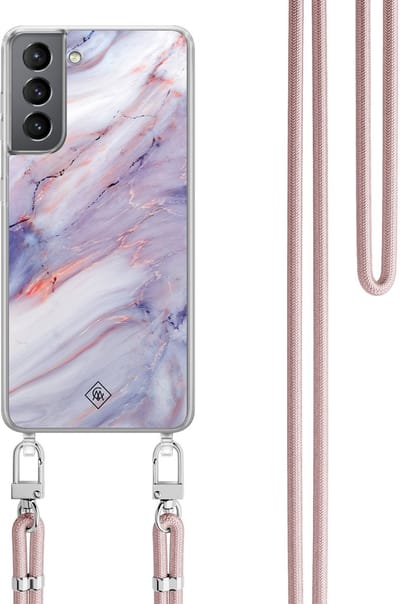Casimoda® hoesje met rosegoud koord - Geschikt voor Samsung S21 Plus - Marmer Paars - Afneembaar koord - TPU/polycarbonaat - Paars