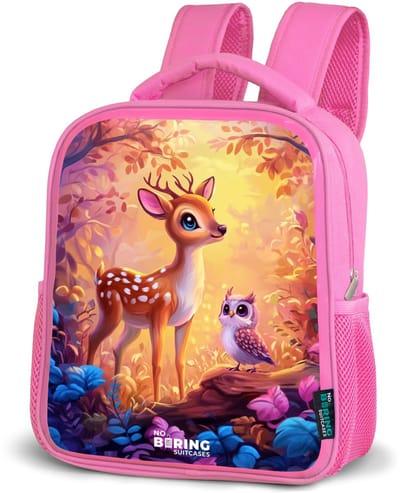 NoBoringSuitcases.com® - Rugzak roze - Schooltas meisjes - Hertje en uil in een roze sprookjesbos - Kinder rugtas meisje - Boekentas kind - Kinderrugzak voor school - Schoolrugzak