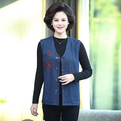 Bloemenborduursel Effen Kleur Grote Zak Dames Denim Vest Mouwloos Lente en Herfst Losse Casual Jas Vesten XXXXL beige