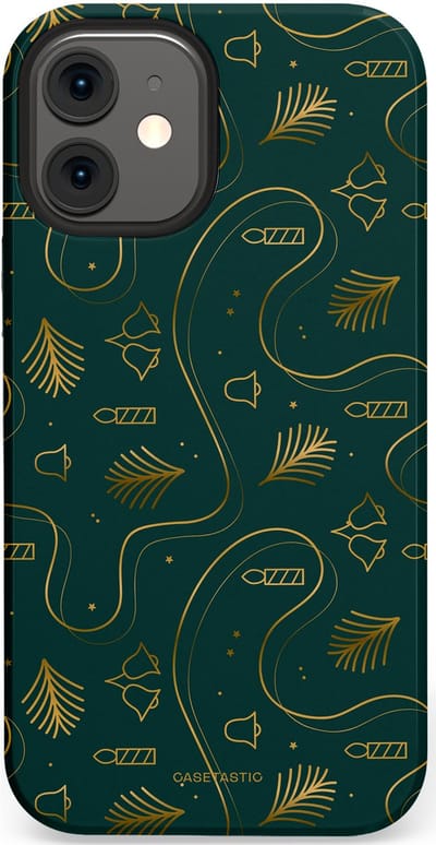 Casetastic hoesje geschikt voor Apple iPhone 12 Mini - Dubbellaagse bescherming - Groene kerst bellen en takken - Fashion Case - Donkergroen Donkergrijs Petrol
