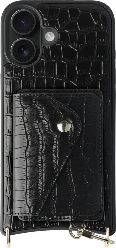 AVY Leren Hoesje Geschikt voor Apple iPhone 17 | Met Magnetische Kaarthouder | Compatibel met MagSafe | Leather Case met Wallet | Croco Zwart