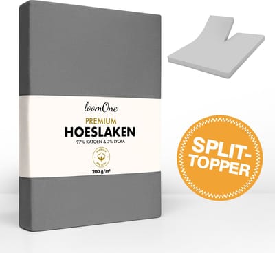Loom One Premium Splittopper Hoeslaken – 97% Jersey Katoen / 3% Lycra – 180x200 cm – tot 12cm matrasdikte– 200 g/m² – Antraciet