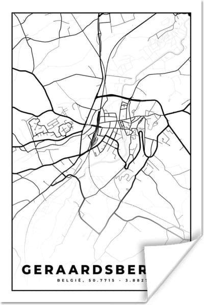 Poster Kaart – Plattegrond – Stadskaart – Geraardsbergen – België – Zwart Wit - 120x180 cm XXL