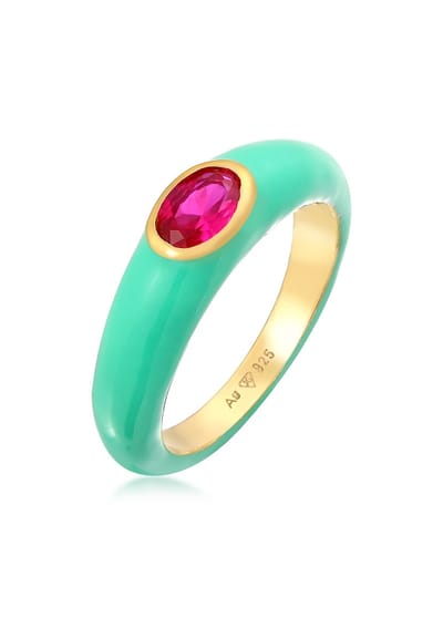 Elli - Ring - Dames Eenzaam Ovaal met Emaille oranje en Zirkonia Kristal groen in 925 Sterling Zilver Verguld - Dames