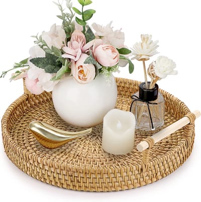 La'Moussawi ® Handgemaakt Rond Opslag- en Decoratiedienblad met Handvat van Natuurlijk Materiaal