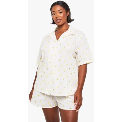 boohoo Dames Plus Lemon Print Waffle Shirt PJ Top | White | Maat: 16