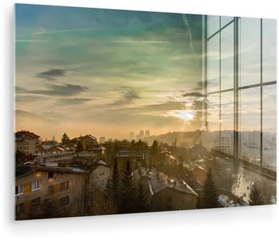 ® Glasschilderij 180x120 cm - Schilderij acrylglas - Skyline van de Bosnische stad Sarajevo - Foto op glas - Muurdecoratie woonkamer - Wanddecoratie slaapkamer - Schilderijen