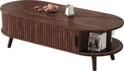Salontafel met liftblad - in hoogte verstelbare salontafel - verborgen opbergruimte - rolluik deuren - MDF en hout - voor thuiswerken - 120x50x39,5cm - Walnoot