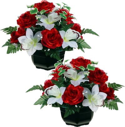 Louis Maes Kunstbloemen plantje in pot - 2x - kleuren rood/wit - 25 cm - Bloemstuk ornament - orchidee/rozen met bladgroen