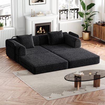 Chenille 2-in-1 Slaapbank met Opbergvak in de Armleuning, drie Metalen Frames en Diverse Configuratiemogelijkheden, Tweedelige set, Zwart