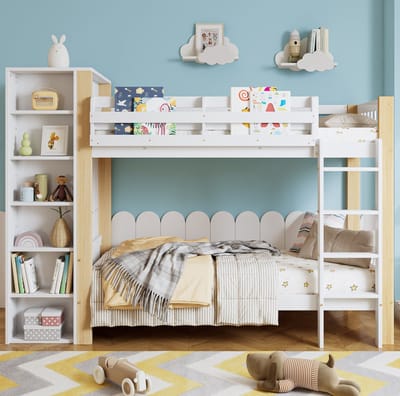 MEUNIQ stapelbed 90x200 cm met 4-traps ladder, uitvalbeveiliging, 6 open vakken en zijgarderobe, kinderbed met opbergruimte voor kinderkamer, wit en naturel