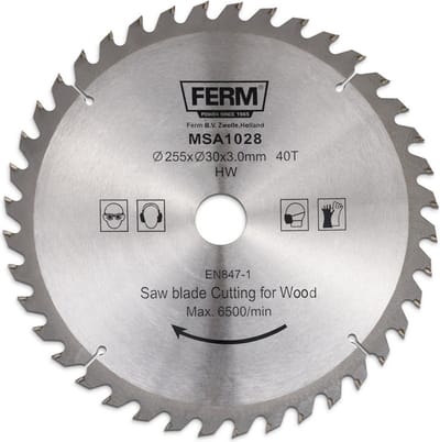 FERM - MSA1028 - Zaagblad - 255x30/16mm - T40 - TCT tanden - Diameter: - 255mm - Asgat: - 30mm - 16mm - Universeel - Voor het zagen van - Hout - Zeer geschikt voor - MSM1040 - MSM1038 - Radiaal afkortzaag