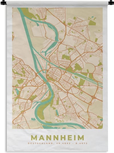 Wandkleed - Wanddoek - Plattegrond - Kaart - Vintage - Stadskaart - Mannheim - 120x180 cm - Wandtapijt