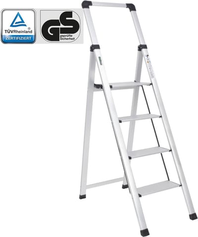 TRUTZHOLM Aluminium Trapladder 4 Treden Zilver - Heavy Duty 150kg Huishoudtrap - Met Veiligheidsleuning Antisliptreden Ladder