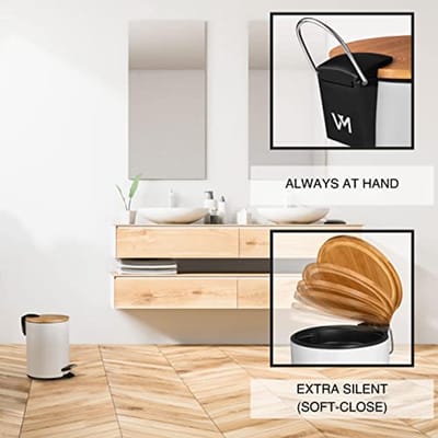 Stijlvolle 3L Cosmetica-afvalemmer met Softclose | Elegante Badkameremmer met Bamboe Houten Deksel