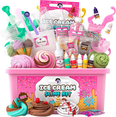 Pluizig IJssalon Slijm Set voor Kinderen - Complete Knutselkit om Zelf Pluizig, Boter, Wolk en Schuim Slijm te Maken met IJsjes Vormpjes en Sprinkles - 25 Delige Creatieve Speelset