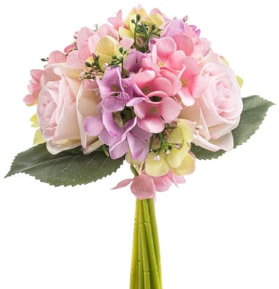 Emerald - Kunstbloem Hortensia Roos Bundel 32cm roze - Kunstplant voor binnen