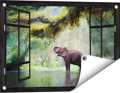 Gards Tuinposter Doorkijk Vrolijke Olifant in het Water - 60x40 cm - Tuindoek - Tuindecoratie - Wanddecoratie buiten - Tuinschilderij