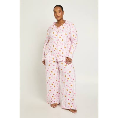 boohoo Dames Plus Peperkoekmannetje Print Lange Mouw Shirt En Broek Pyjama Set | Roze | Maat: 48