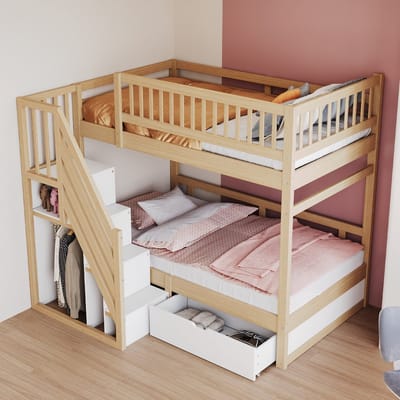 Sweiko Stapelbed - 90 x 200 cm - Veiligheidshek - Opbergruimte - met Lade - Wit + Natuurlijk