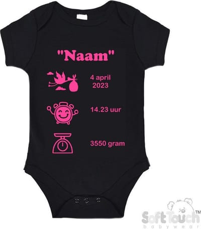100% katoenen Romper met naam & geboortegegevens Unisex/Meisje/Jongen Katoen Zwart/roze Maat 62/68