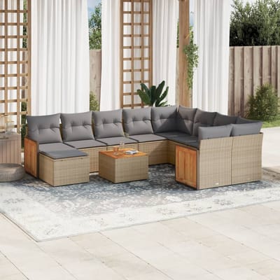 vidaXL - 11-delige - Tuinset - met - kussens - poly - rattan - beige