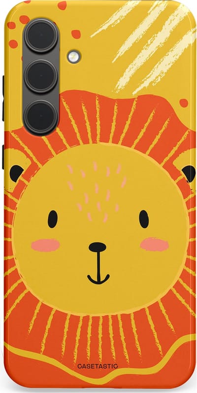 Casetastic hoesje geschikt voor Samsung Galaxy S24 Plus - Dubbellaagse bescherming - Vrolijke leeuw - Fashion Case - Goud Rood Oranje