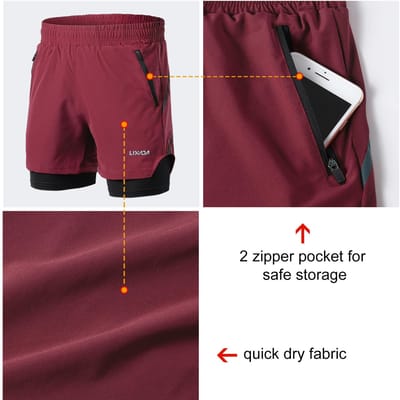 Short de Running 2 en 1 pour Homme Séchage Rapide Respirant Entraînement Actif Exercice Jogging Marathon Short de Cyclisme L rouge vin