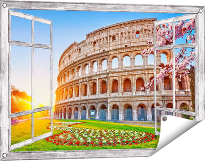 Gards Tuinposter Doorkijk Colosseum bij Zonsopgang in Rome, Italië - 90x60 cm - Tuindoek - Tuindecoratie - Wanddecoratie buiten - Tuinschilderij