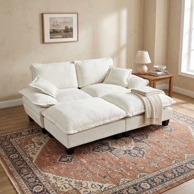 Modulaire Hoekbank - Wolkenbank Met Zeilbootontwerp - Beige Chenille, 2 Losse Ottomanen En 2 Zachte Kussens - Voor Woonkamer En Appartement