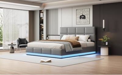 Gestoffeerd bed 180x200 cm met LED-verlichting & hydraulisch hefbare bedopbergruimte, bedbox & lattenbodemhoes van kunstleer tweepersoonsbed volwassen jeugdbed Lichtgrijs