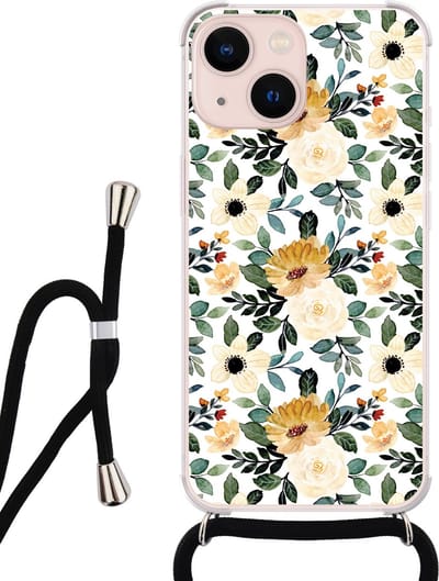 Hoesje met koord - Geschikt voor iPhone 13 - Lovely flowers - Verstelbaar zwart koord - Transparant, Geel - Bloemen - Leuke Telefoonhoesjes