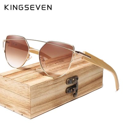 Kingseven Bamboo | handgemaakte hoog kwaliteit houten pootjes | Cat Eye vorm | origineel kingseven houtendoosje | Bruin/Goud montuur