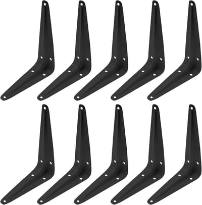 10-delige, robuuste zwarte metalen hoekbeugels voor planken (12,5 x 15 cm) inclusief schroeven, geschikt voor wandmontage en ondersteuning.