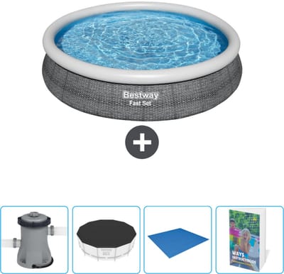 Bestway Rond Opblaasbaar Fast Set Zwembad - Rotanprint - 366 x 76 cm - Inclusief Pomp Afdekzeil - Grondzeil - Zwembadgids