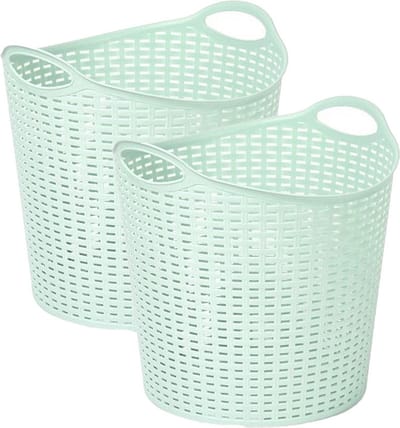 Plasticforte Gevlochten wasmand/opbergmand - 2x - flexibel - lichtgroen - 27 liter - rond - kunststof - 40 x 37 cm