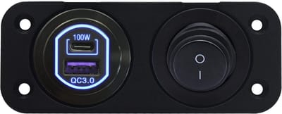 ProRide 12-24V USB/USB C Autolader 2 Poorten Inbouw - 100W QC3.0 - Tuimelschakelaar - Blauw