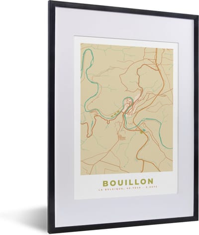 Fotolijst incl. Poster - Kaart - Stadskaart - Vintage - Bouillon - Plattegrond - 30x40 cm - Posterlijst