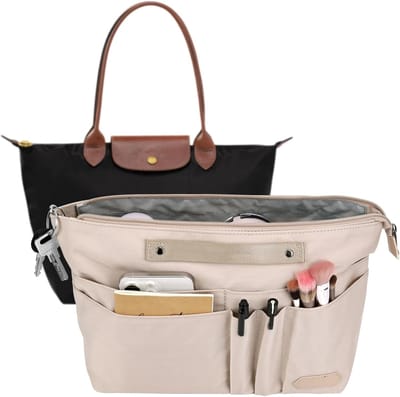Famanu - Organizer damestas voor handtassen, tas organizer van polyester met meerdere vakken en ritssluiting voor , tassen L en andere (beige, L)